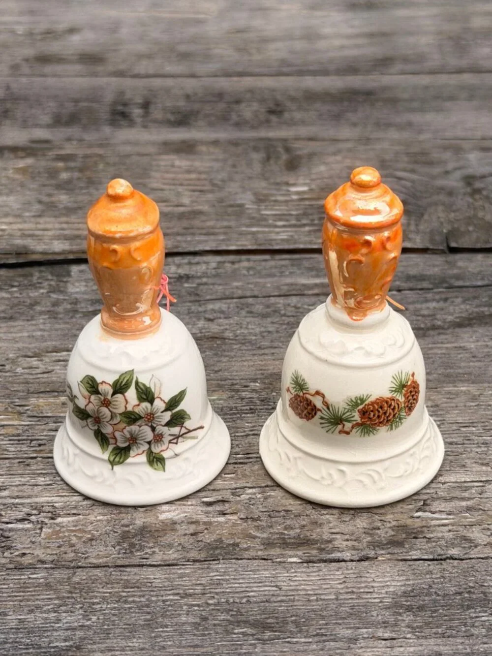 Vintage Lot Set of 2 Lugenes Bells Mother of Pearl Glaze Handle Flowers Japan